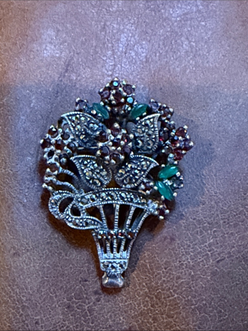 Vintage 925 Silver Floral Bouquet Brooch/Pendant with Marcasite/Garnet/Emerald